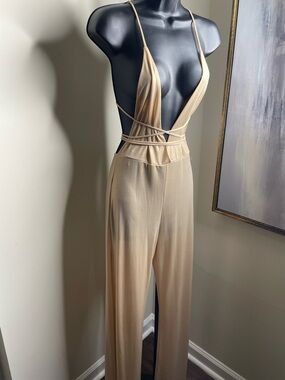 Adjustable golden Plunge-Front Wide-Leg Jumpsuit